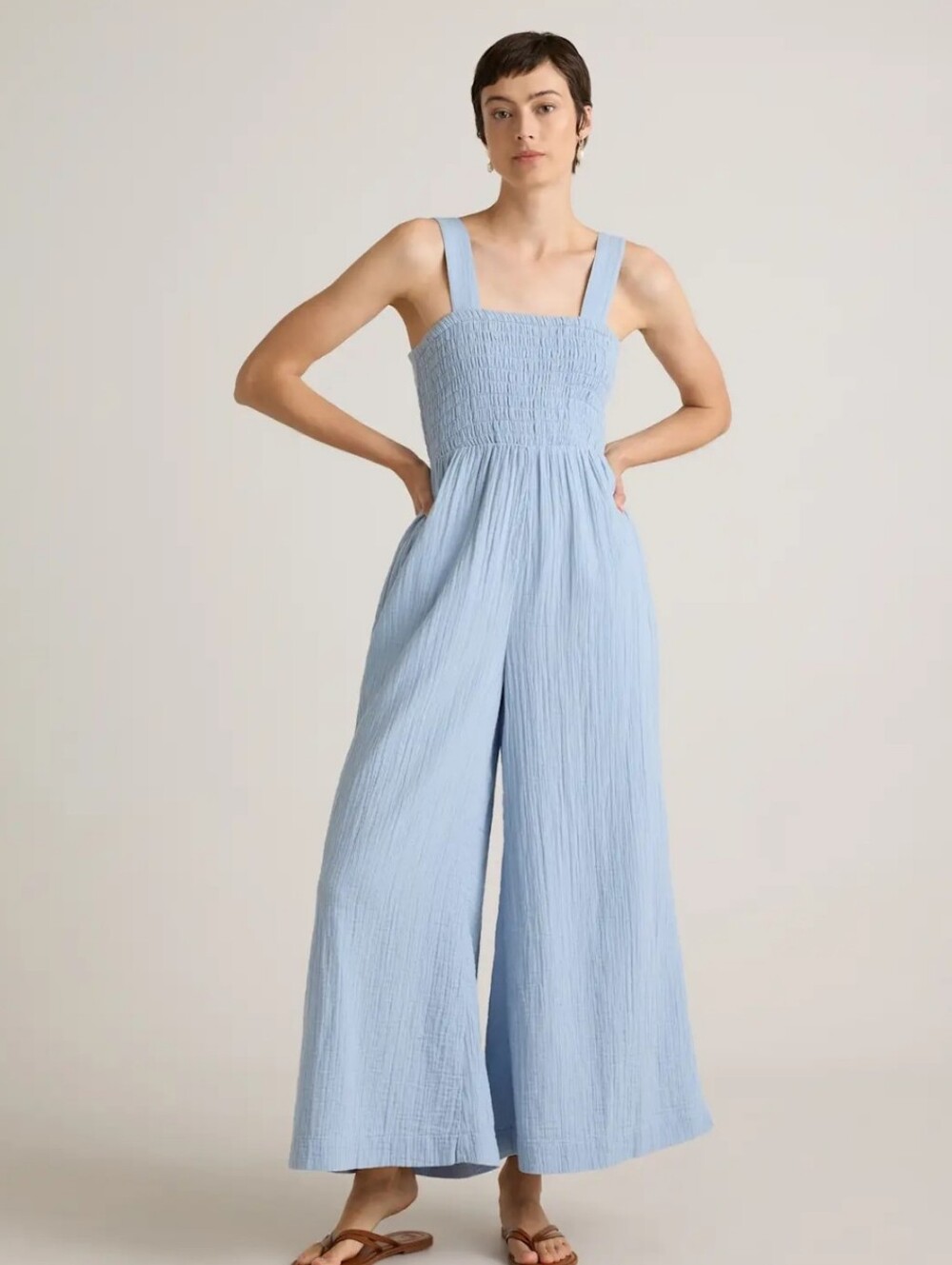 Quince Light Blue Wide-Leg Jumpsuit with Smocked Bodice